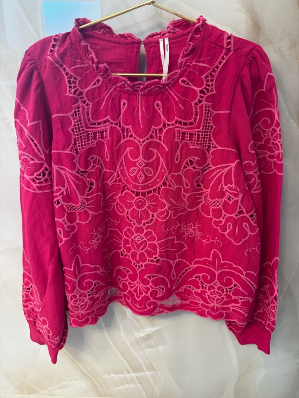 Anthropologie Fuchsia Embroidered Long-Sleeve Blouse